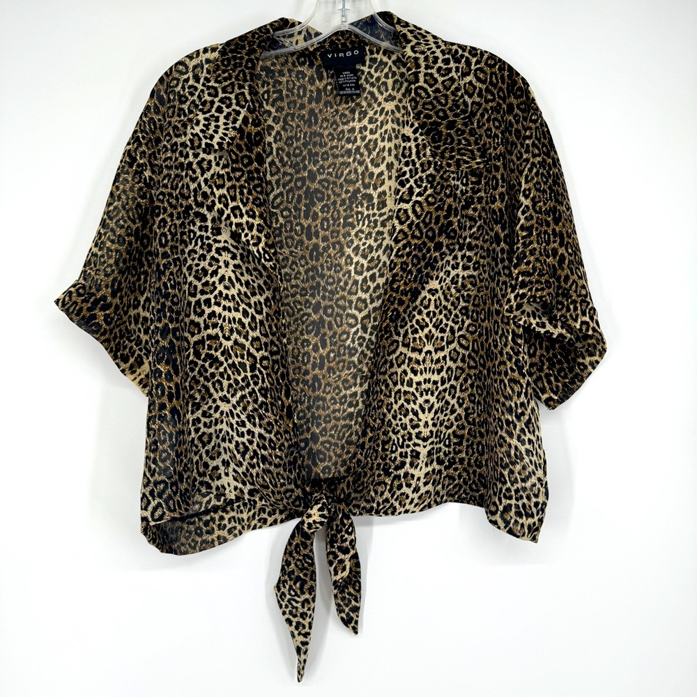 Vintage animal print cropped tie front coverup shirt